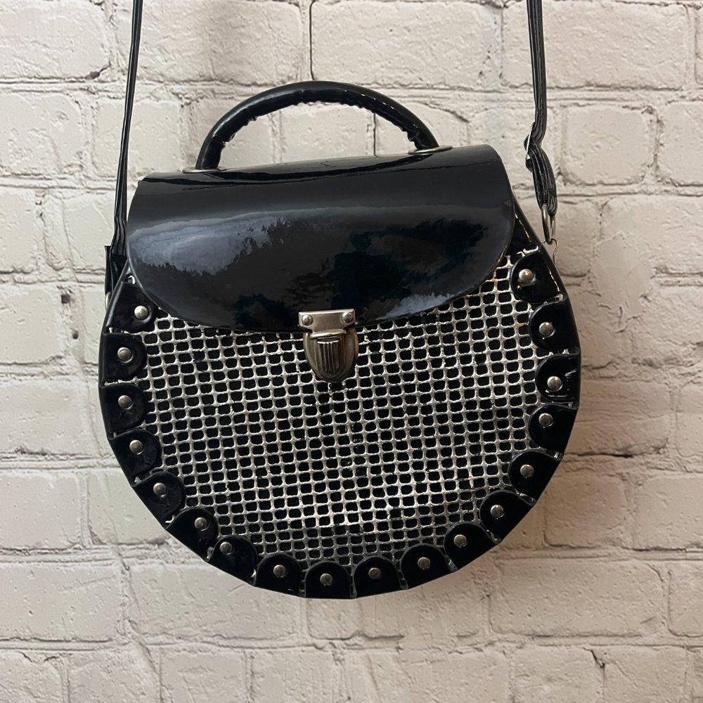 Sourpuss Black Patent Round Mini Bag with Silver Mesh